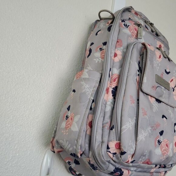 JuJuBe Be Right Back Multi-Function Diaper Backpack Floral Gray Multi Zip Pocket - Picture 6 of 16